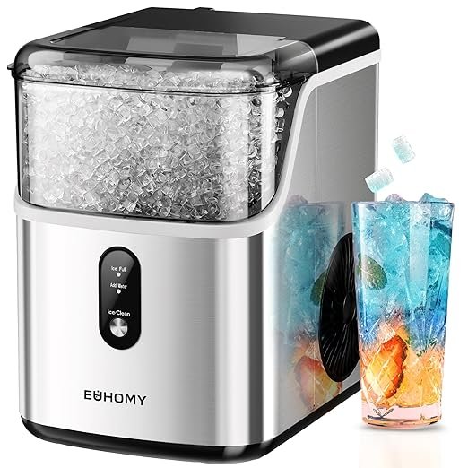 Máy làm đá viên EUHOMY Nugget để bàn, Máy làm đá viên Pebble với đá mềm 35lbs/24H, Máy làm đá Sonic tự làm sạch với muỗng múc đá & giỏ đựng đá, Máy làm đá viên cho gia đình/nhà bếp/văn phòng (Thép không gỉ)